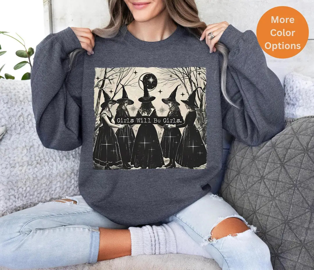 Dark Heather Crewneck sweatshirt with printed Vintage Girls Will Be Girls Witch design, alternate product view.