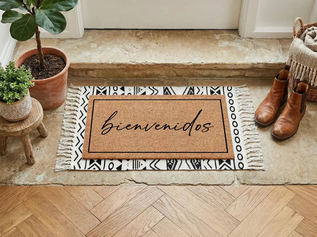 Coir doormat with a framed bienvenidos script message layered on a black and white fringed rug with leather boots on a herringbone floor