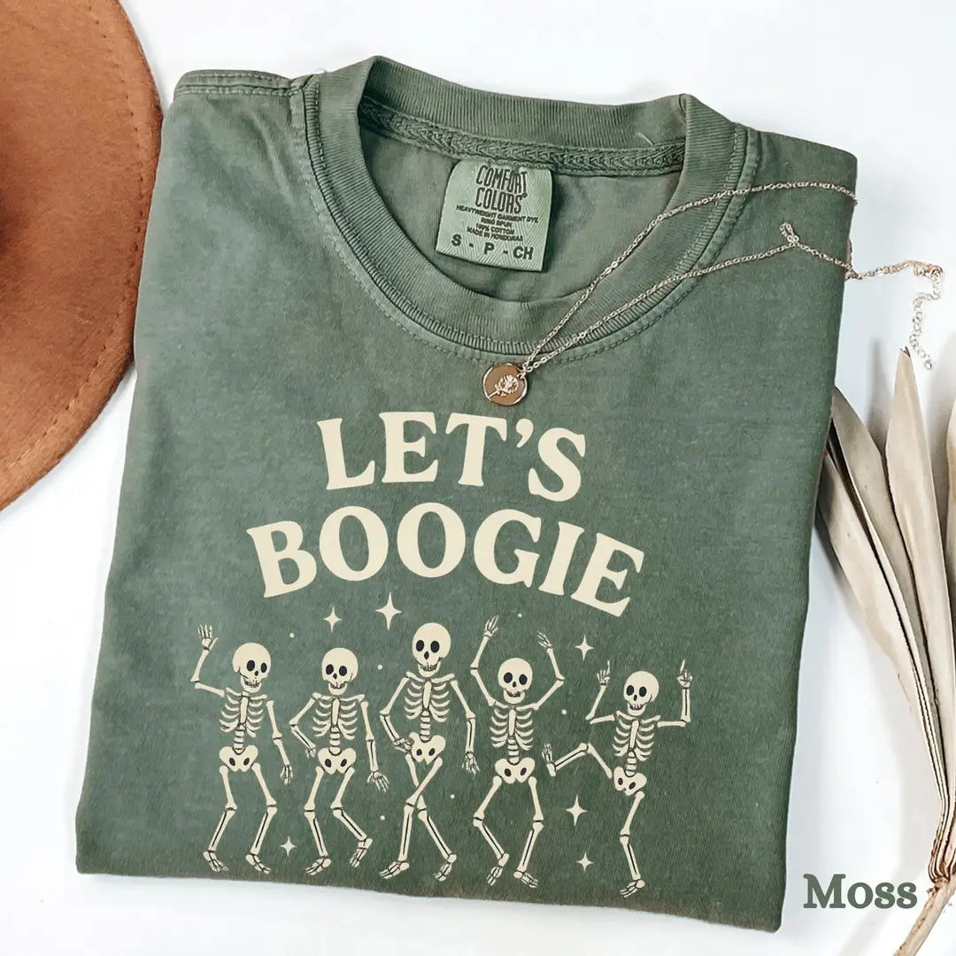 Let's Boogie Skeletons - Retro Halloween Comfort Colors T-Shirt alternate product view in Moss.