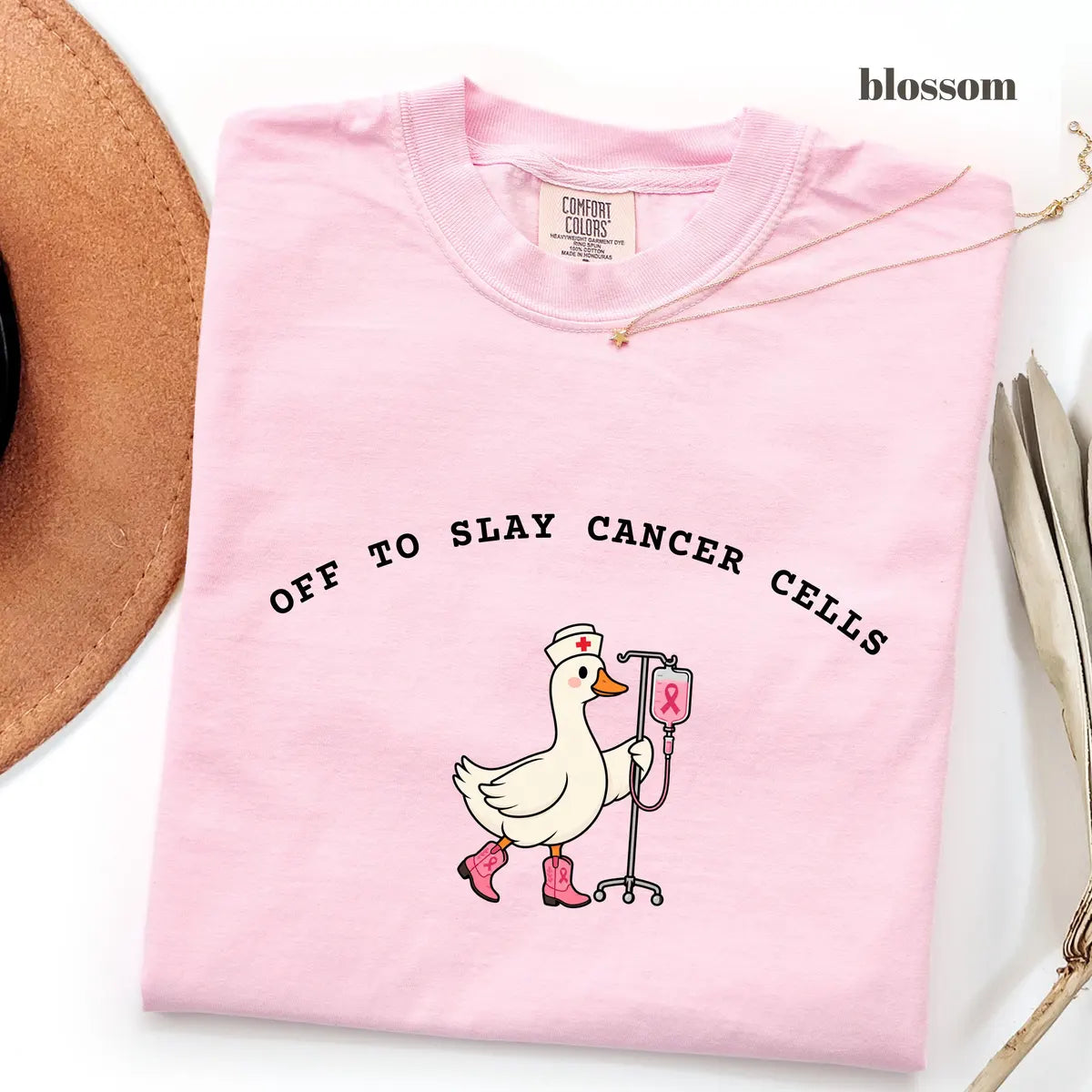 Blossom Comfort Colors 1717 T-shirt with Oncology Nurse design worn by a model view 2