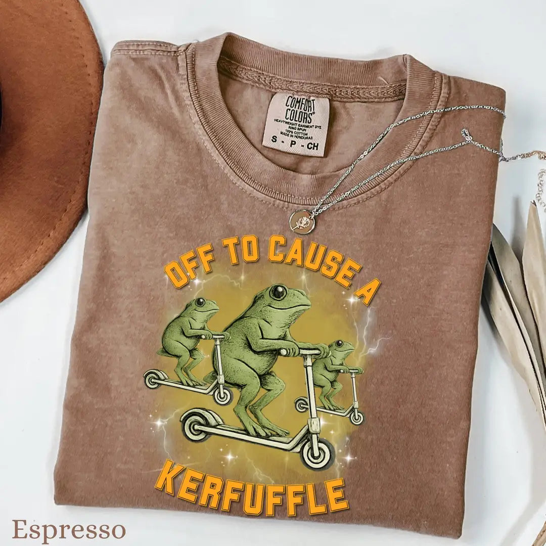 Espresso Comfort Colors 1717 T-shirt with Off To Cause A Kerfuffle Funny Frog Scooter Silly Animal Mental Health Adult Humor Sarcastic design, alternate product view.