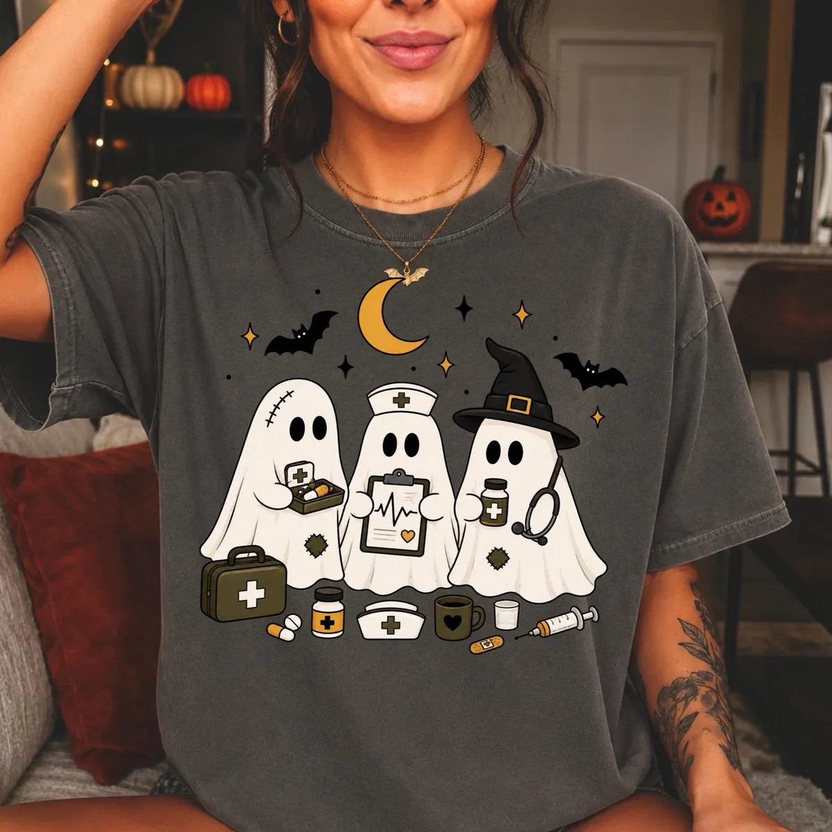 Comfort Colors 1717 T-shirt with Ghost Nurse Halloween design alternate view