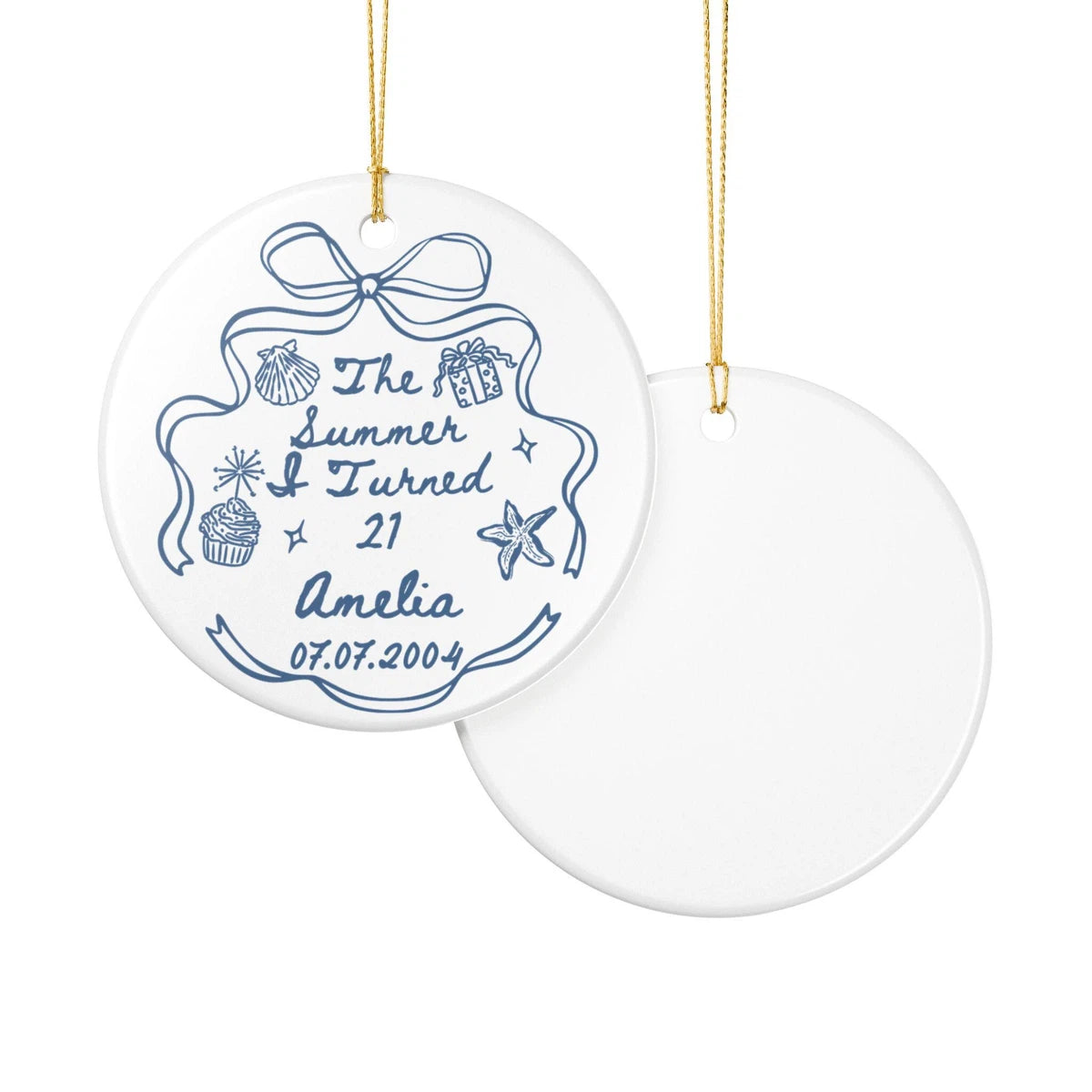 Front and back views of a The Summer I Turned 21 personalized ceramic ornament.