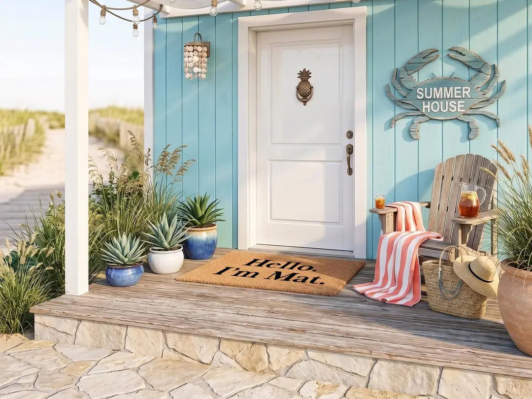 Coir doormat with a Hello I'm Mat message on a blue beach house porch with an Adirondack chair