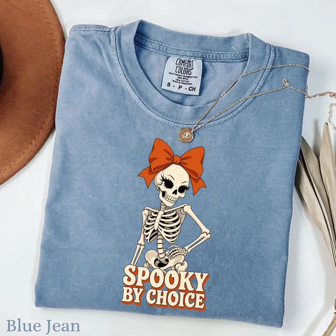 Spooky By Choice Skeleton Comfort Colors T-Shirt alternate product view in Blue Jean.