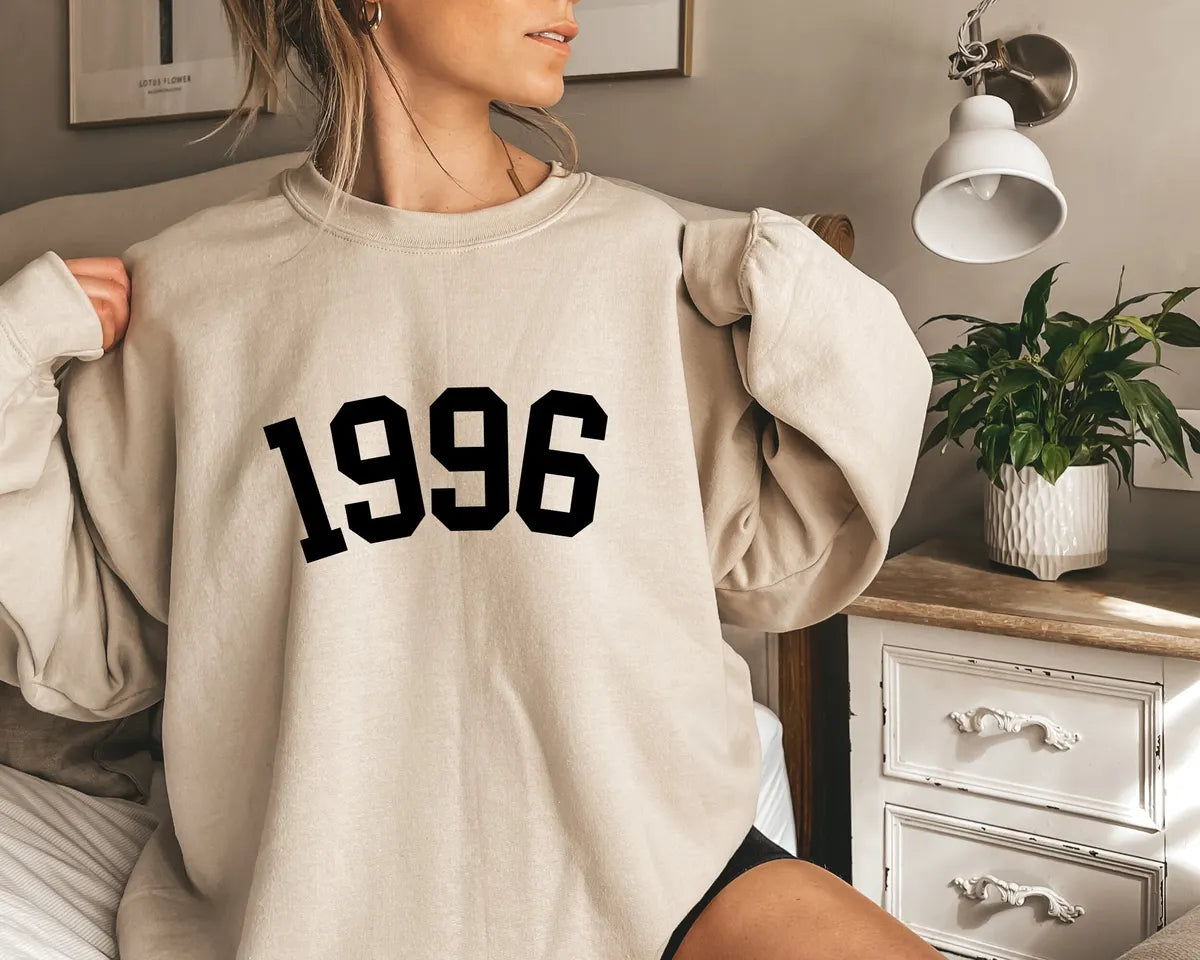 Crewneck sweatshirt with printed Custom Birth Year design, alternate product view.
