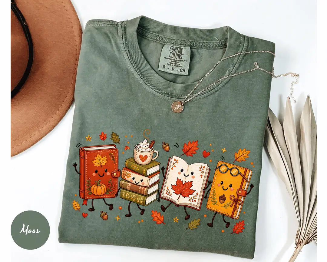Moss Comfort Colors 1717 T-shirt with Cozy Book Lover Doodle design