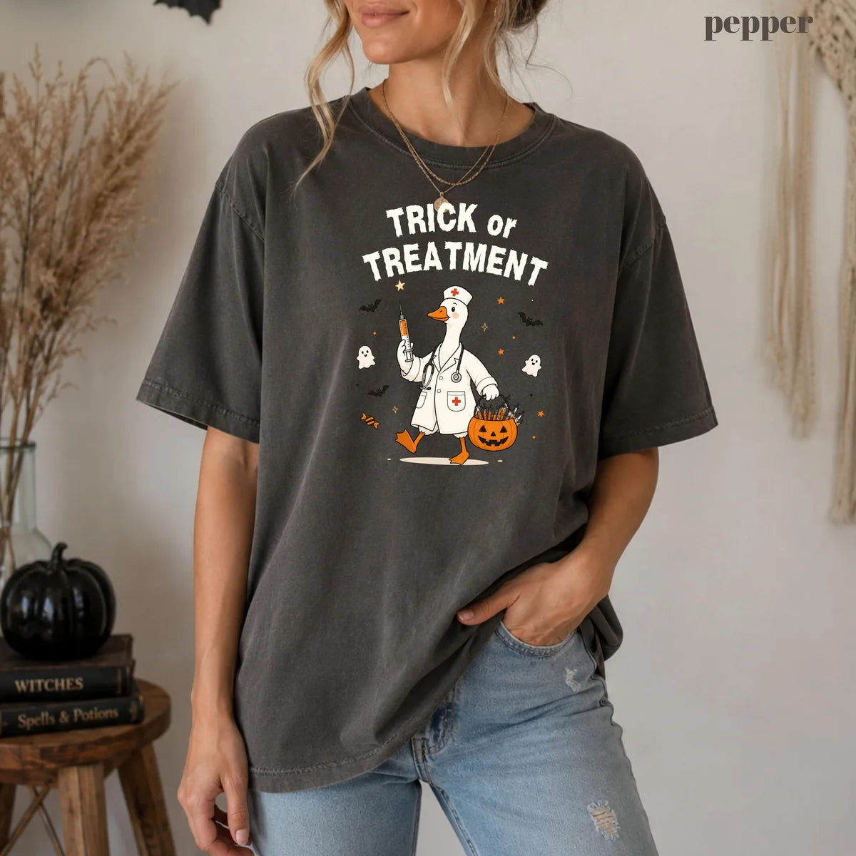 Comfort Colors 1717 T-shirt with Trick or Treatment Nurse Goose design alternate view view 3