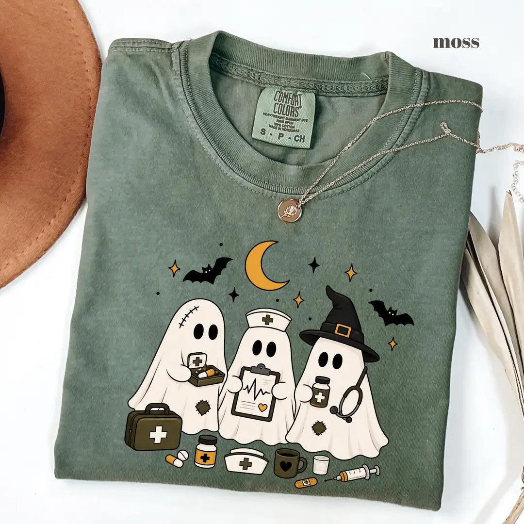 Moss Comfort Colors 1717 T-shirt with Ghost Nurse Halloween design