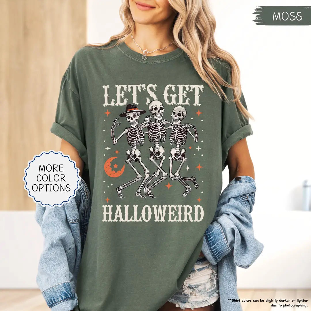 Moss Comfort Colors 1717 T-shirt with Let's Get Halloweird Dancing Skeletons design