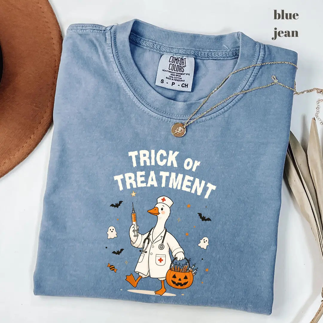 Blue Jean Comfort Colors 1717 T-shirt with Trick or Treatment Nurse Goose design