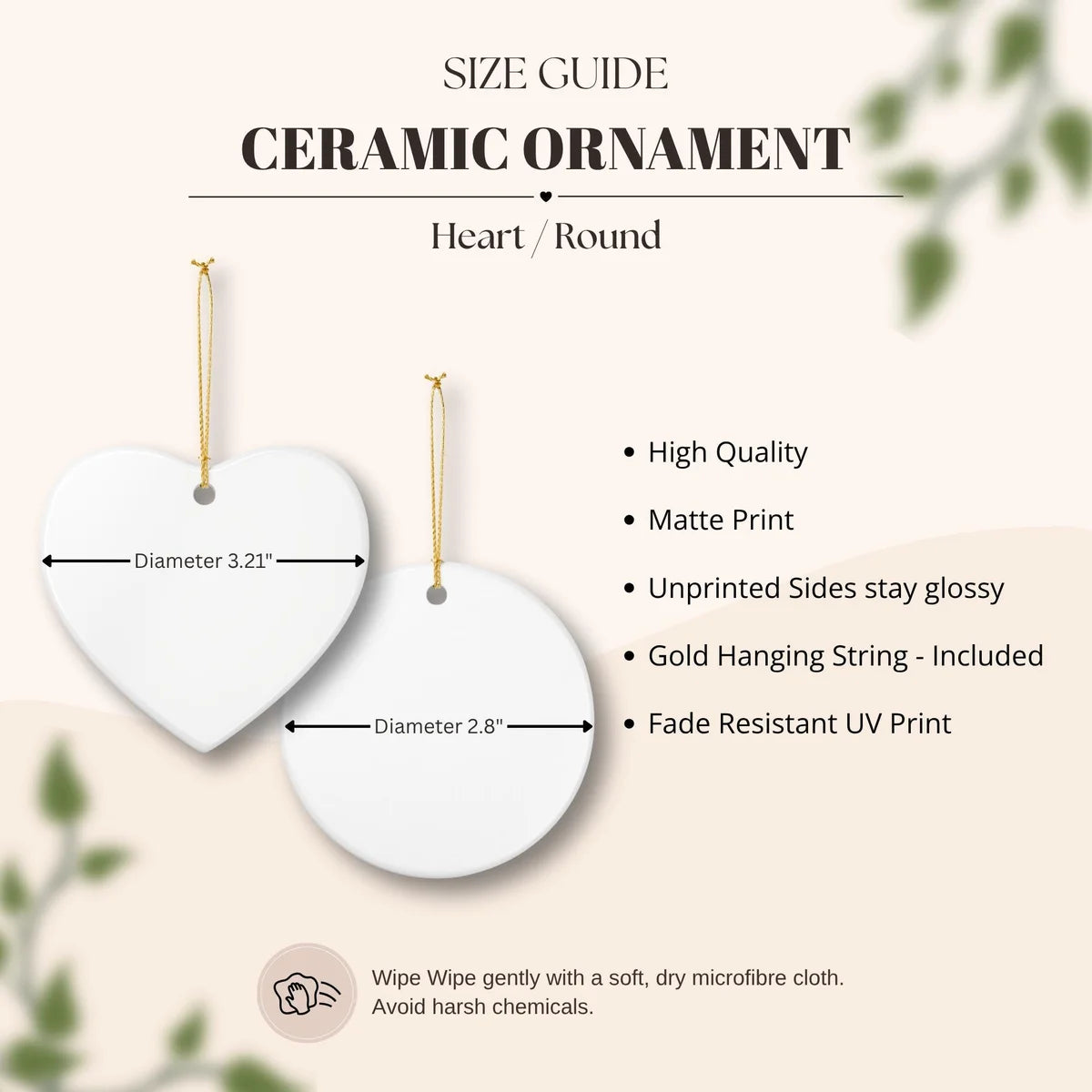Blank heart and round ceramic ornament size guide showing a 3.21 inch heart and a 2.8 inch round diameter