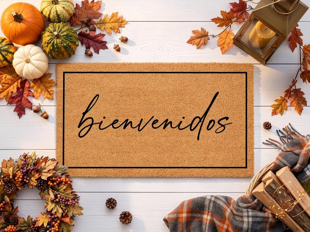 Coir doormat with a framed bienvenidos script message styled with pumpkins, autumn leaves, a plaid blanket, and a lantern