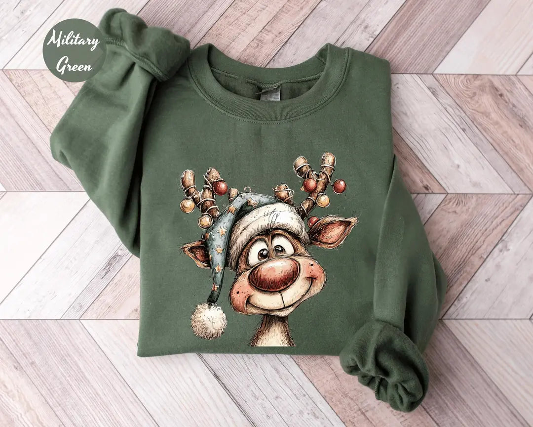 Military Green crewneck sweatshirt with a retro reindeer wearing a knit hat with ornament antlers, flat lay view.