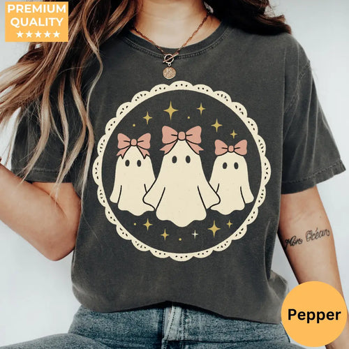 Bow Ghosts - Coquette Halloween Comfort Colors T-Shirt hero view in Pepper.