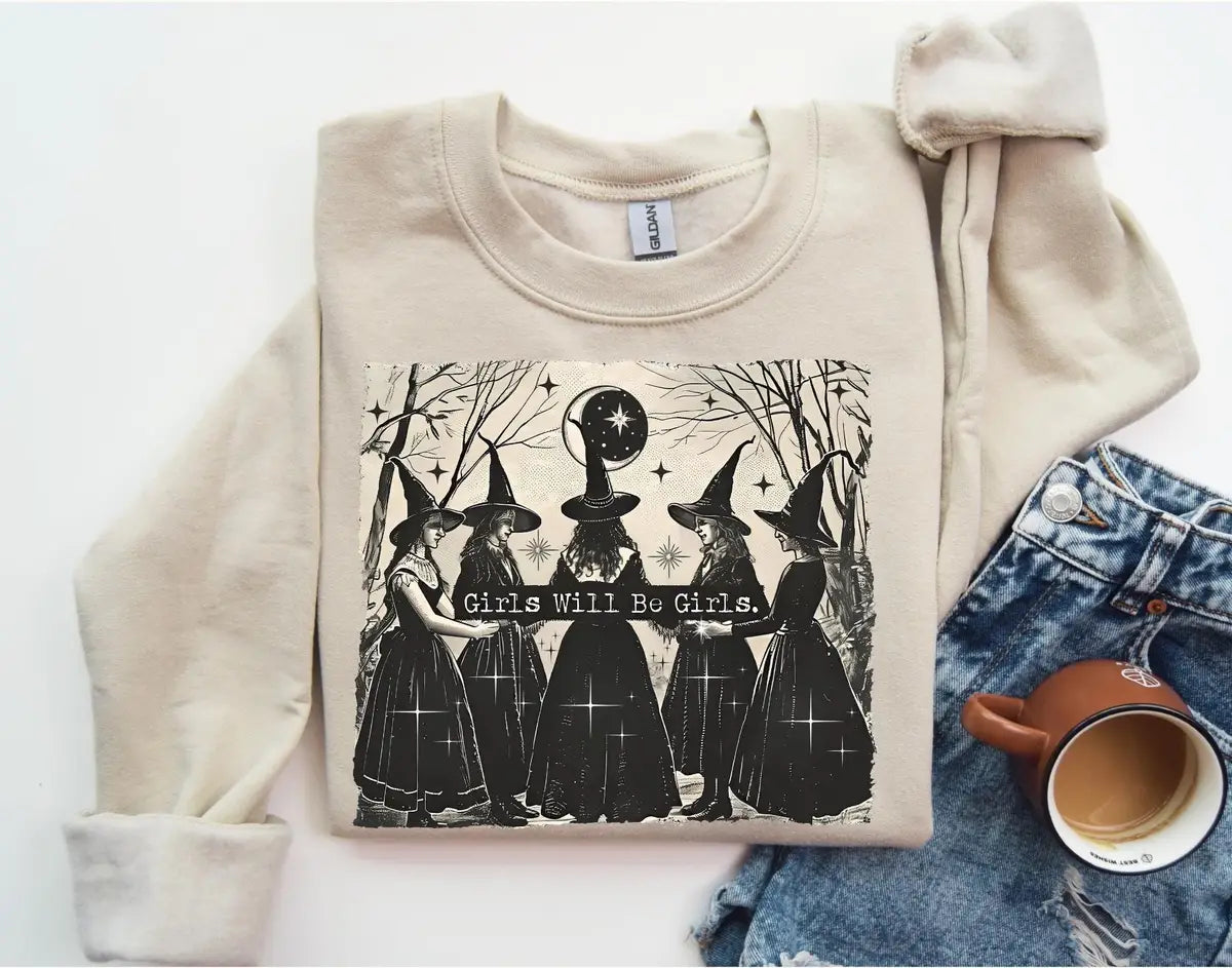 Sand Crewneck sweatshirt with printed Vintage Girls Will Be Girls Witch design, alternate product view.