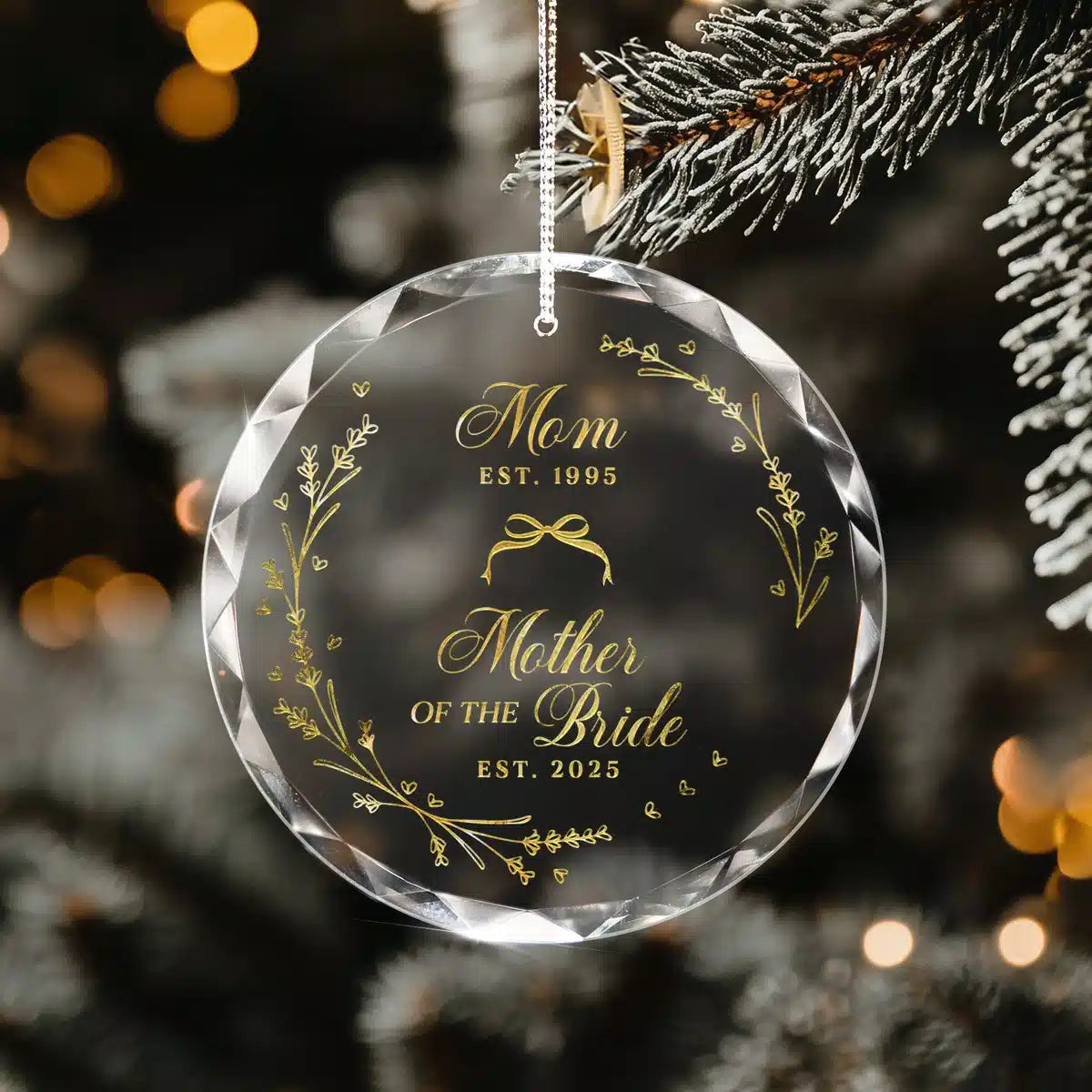 Additional view of a Mother Of Bride personalized engraved engraved crystal glass ornament.