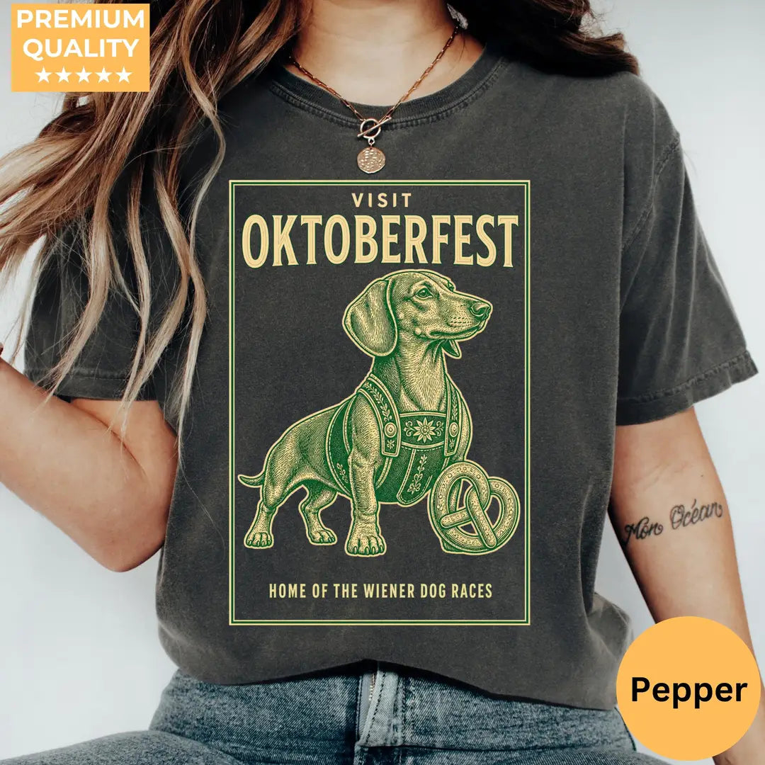 Visit Oktoberfest Dachshund Comfort Colors T-Shirt hero view in Pepper.