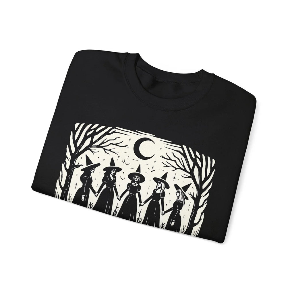 Black Crewneck sweatshirt with printed Vintage Girls Will Be Girls Witch design, alternate product view.