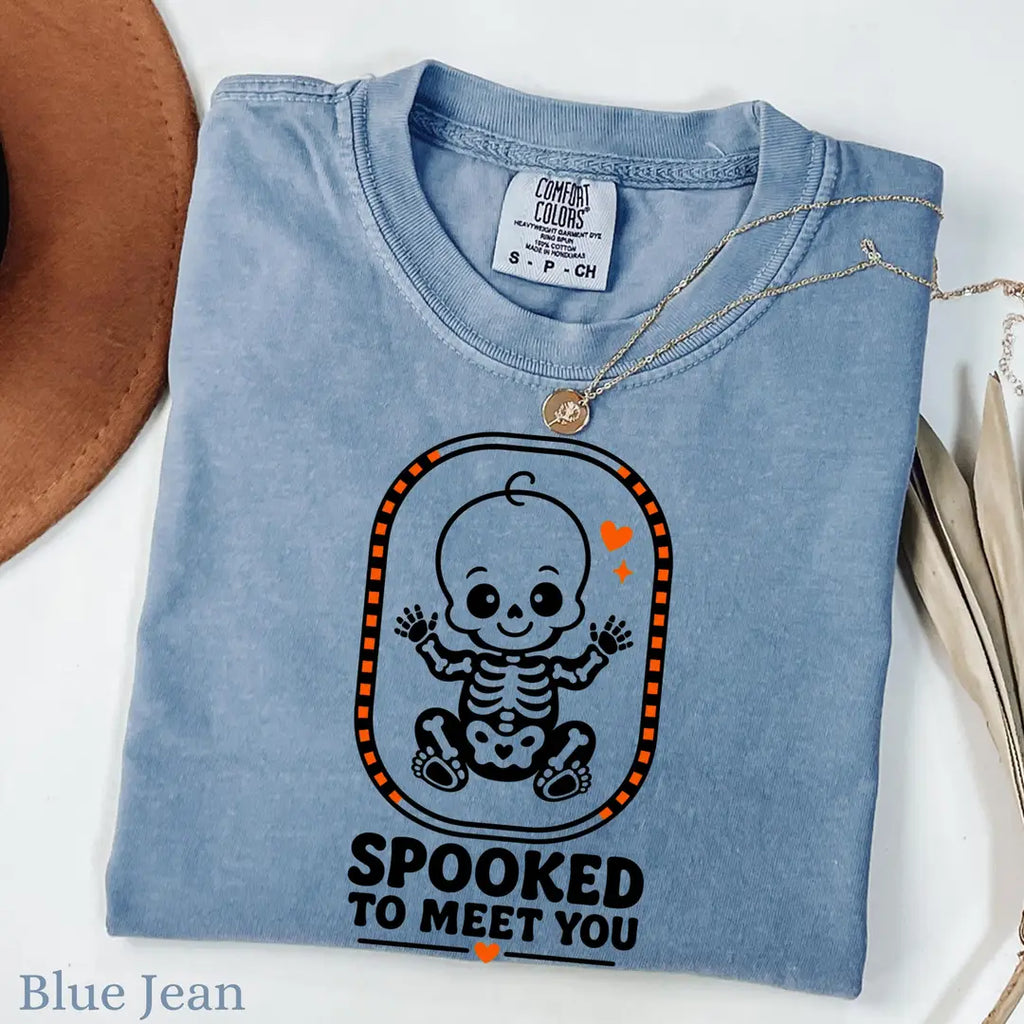 Spooked to Meet You - Halloween Pregnancy Announcement Comfort Colors T-Shirt alternate product view.