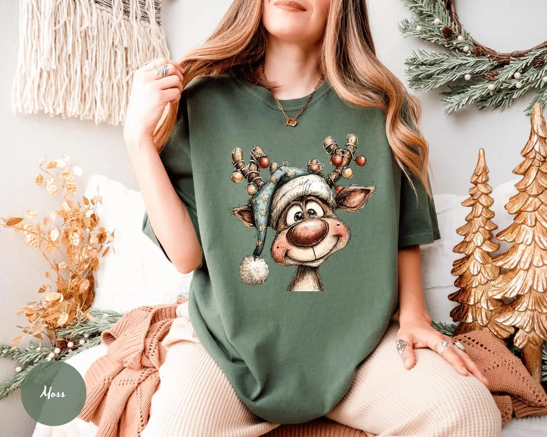 Moss Comfort Colors 1717 T-shirt with Vintage Reindeer design