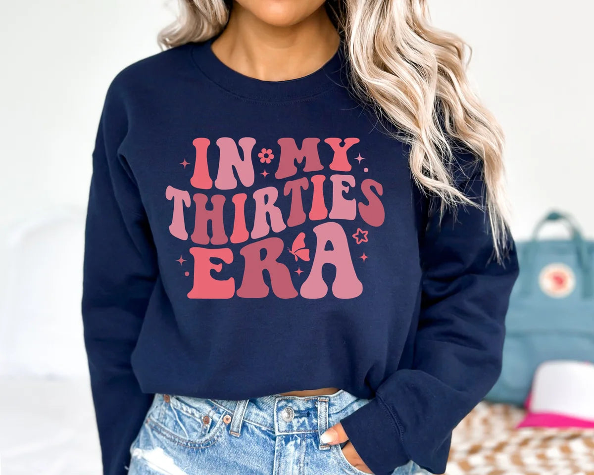Navy Crewneck sweatshirt with In My Thirties Era design, alternate product view.