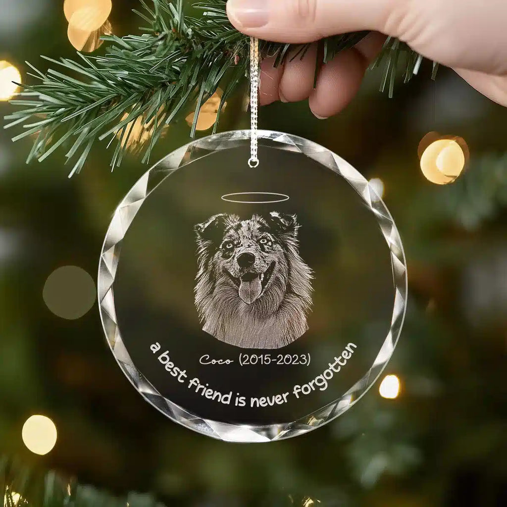 Additional view of a Pet Memorial personalized engraved engraved crystal glass ornament.