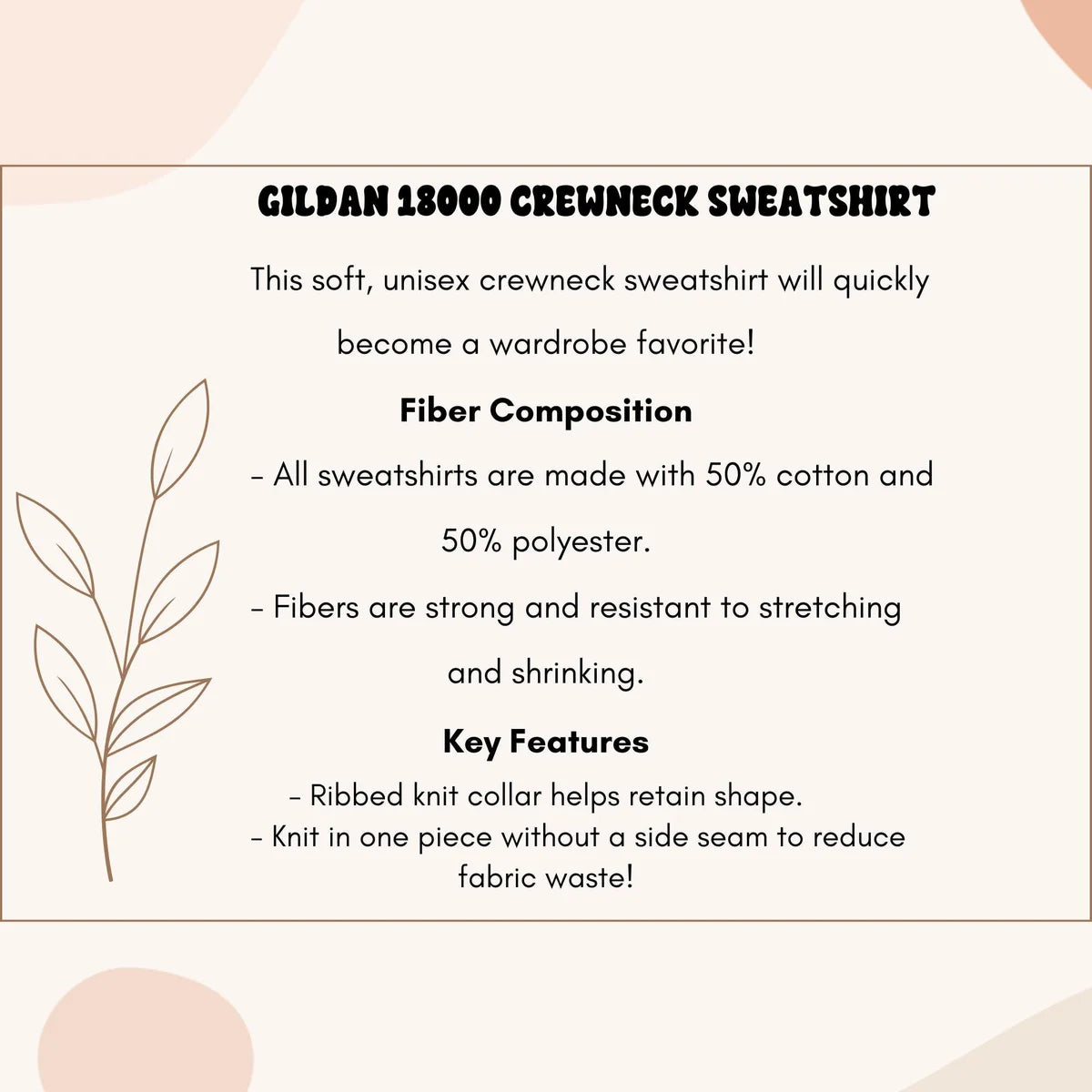 Crewneck sweatshirt product details card showing construction and care information.