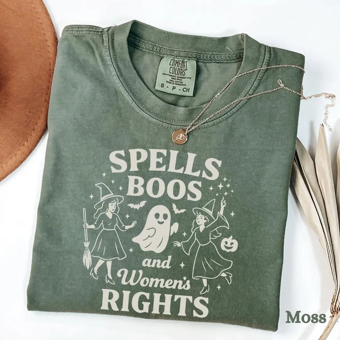 Spells Boos & Women's Rights - Witch Halloween Comfort Colors T-Shirt alternate product view in Moss.