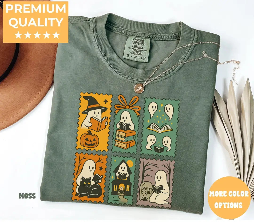 Halloween Ghost Book Club Patchwork - Bookish Comfort Colors T-Shirt alternate product view in Moss.