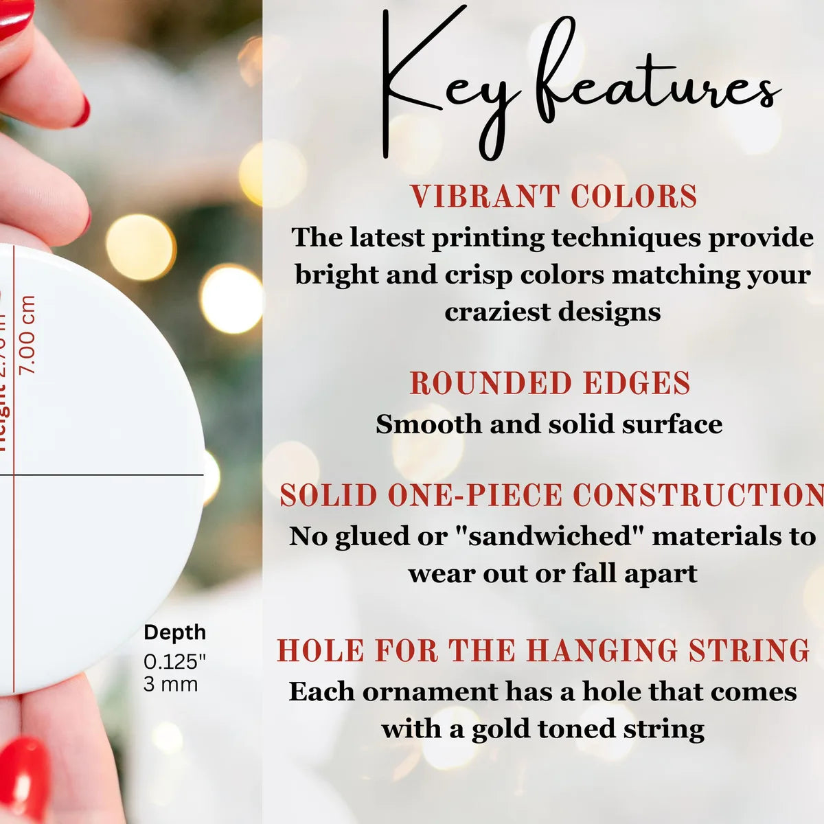 Ceramic ornament construction details card showing 0.125 inch / 3 mm depth, rounded edges, solid one-piece construction, and a gold-toned hanging string.