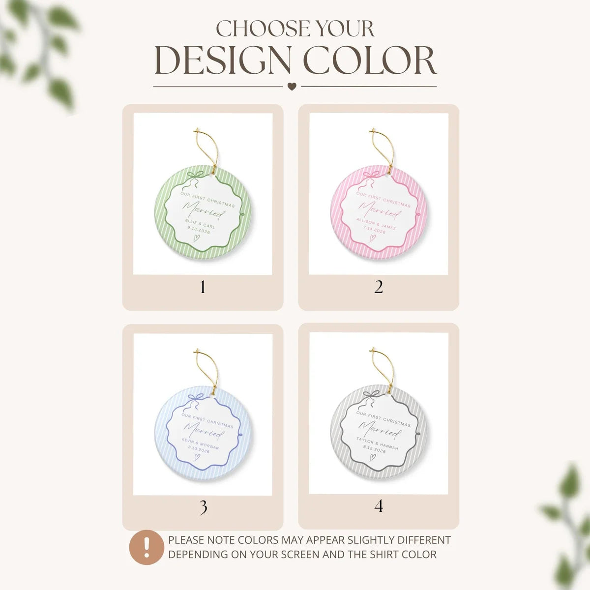 Design color options chart showing four pinstripe bow frame ornament colorways in green, pink, light blue, and gray
