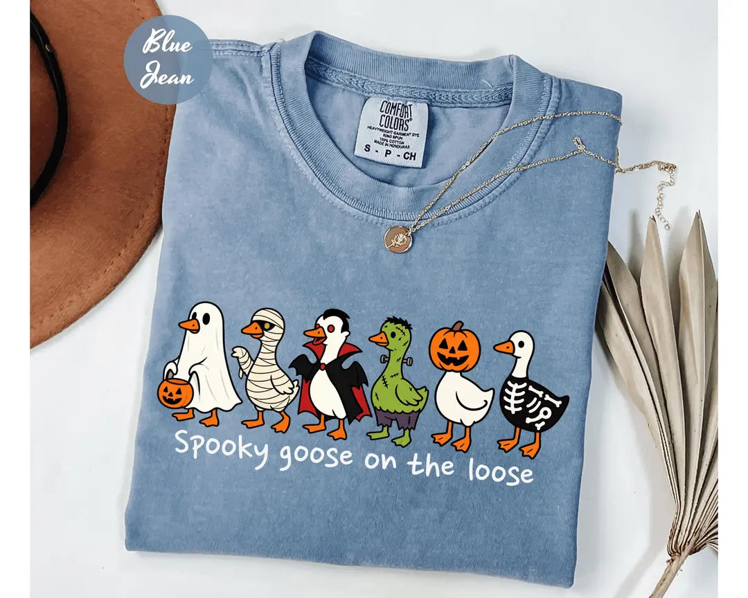 Blue Jean Comfort Colors 1717 T-shirt with Just a Spooky Goose design