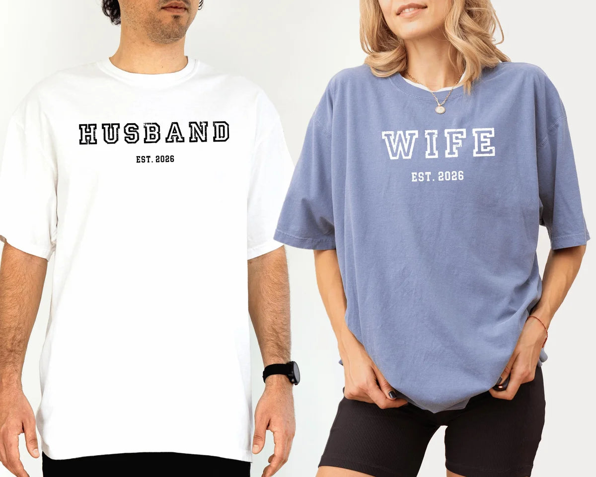 White Comfort Colors 1717 T-shirt with Husband and Wife Est Year Matching design view 2