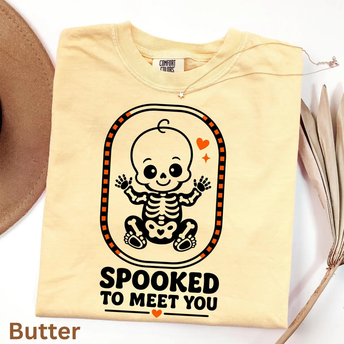 Spooked to Meet You - Halloween Pregnancy Announcement Comfort Colors T-Shirt alternate product view in Butter.