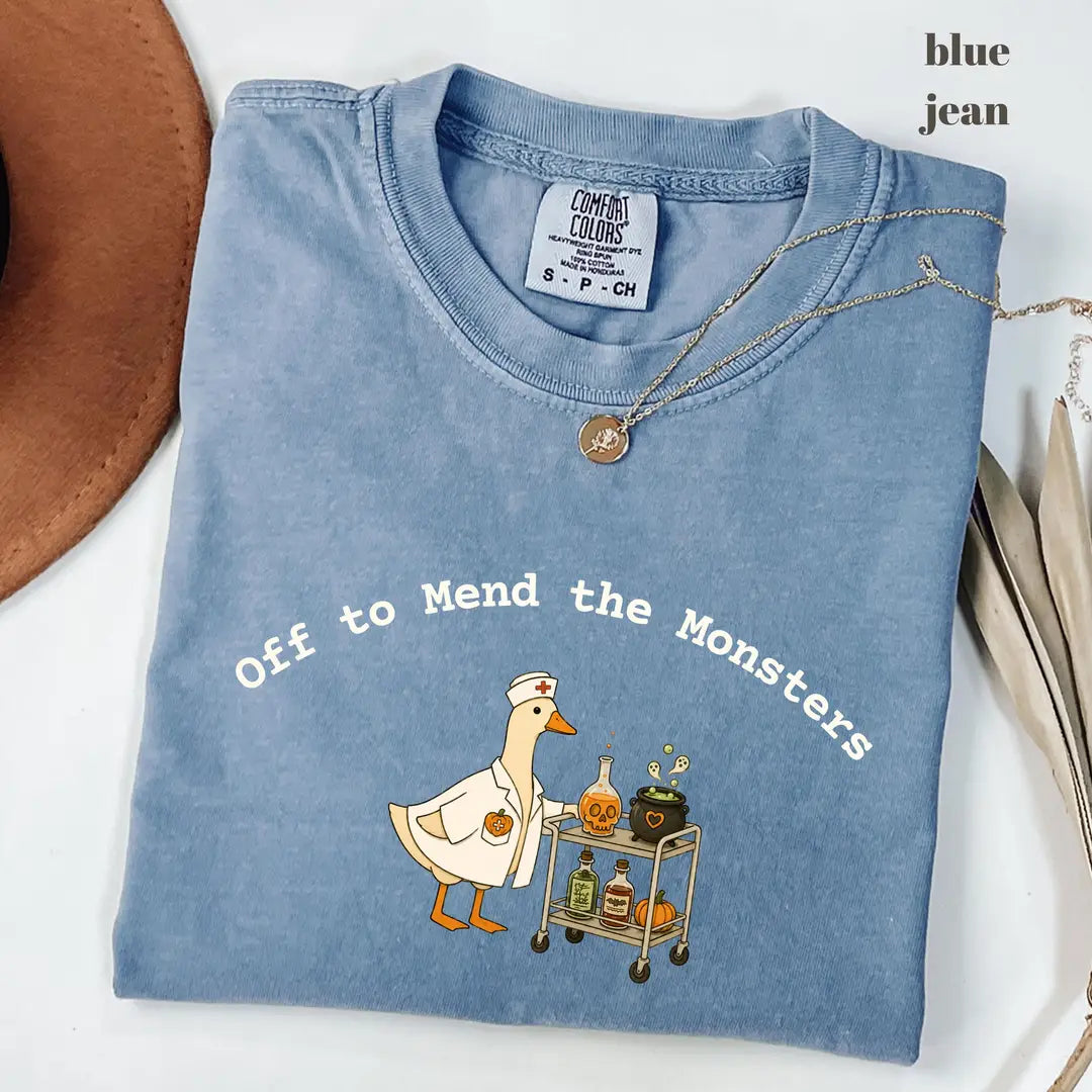 Blue Jean Comfort Colors 1717 T-shirt with Off to Mend the Monsters design
