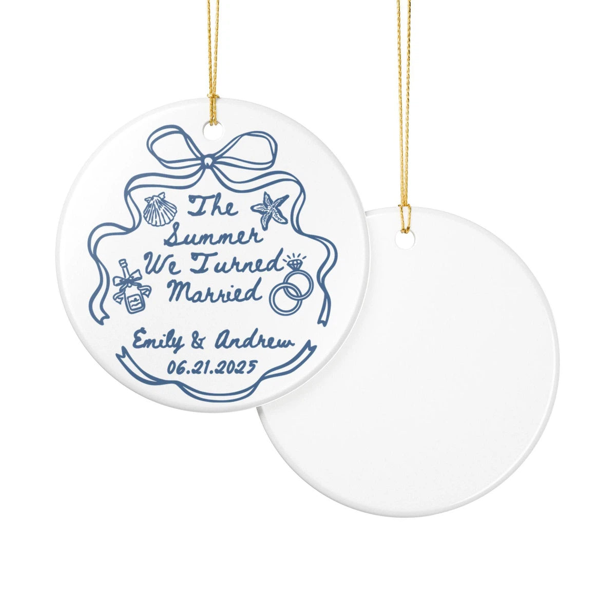 Front and back views of a Summer We Turned Married personalized ceramic ornament.