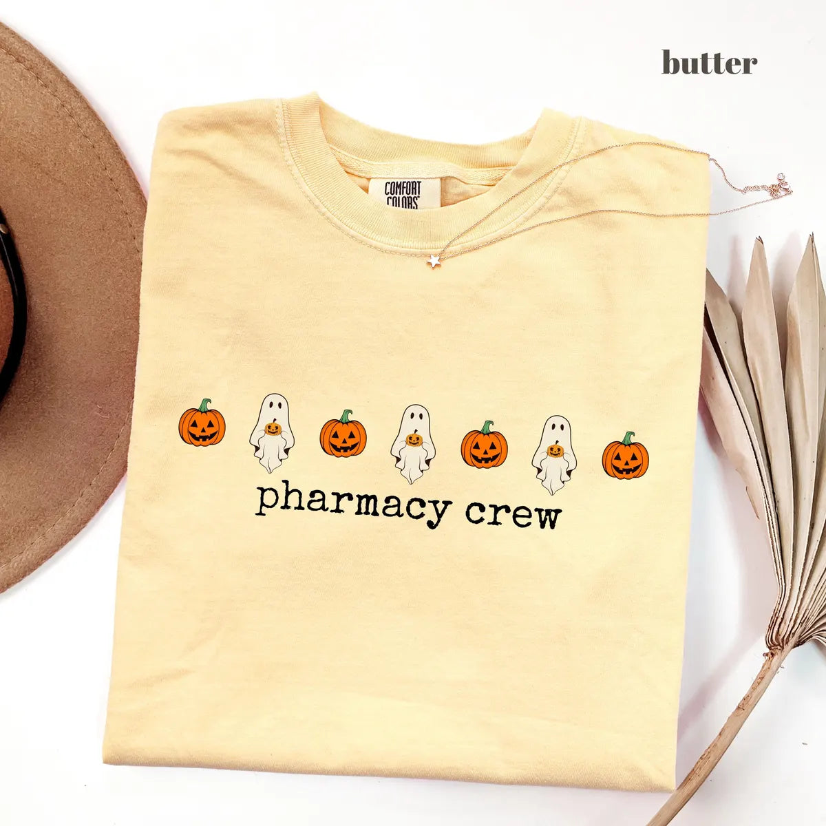 Butter Comfort Colors 1717 T-shirt with Pharmacy Crew Halloween design