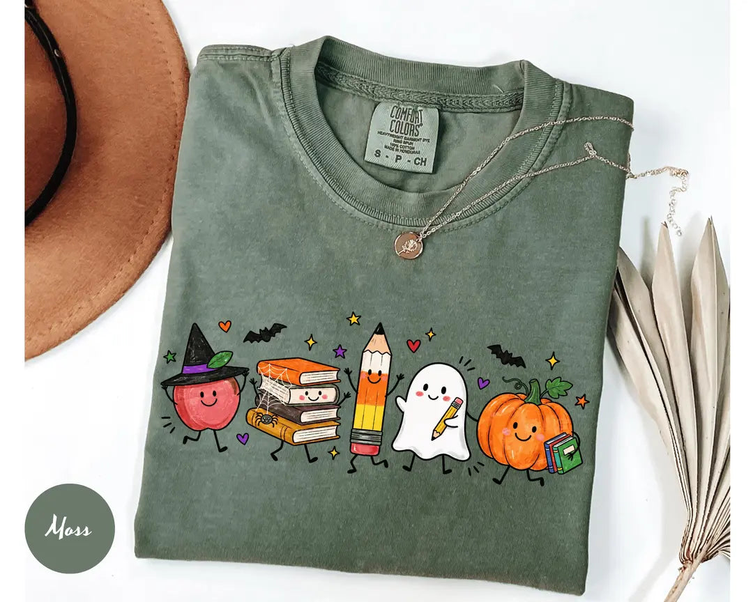 Moss Comfort Colors 1717 T-shirt with Cute Halloween Teacher design worn by a model