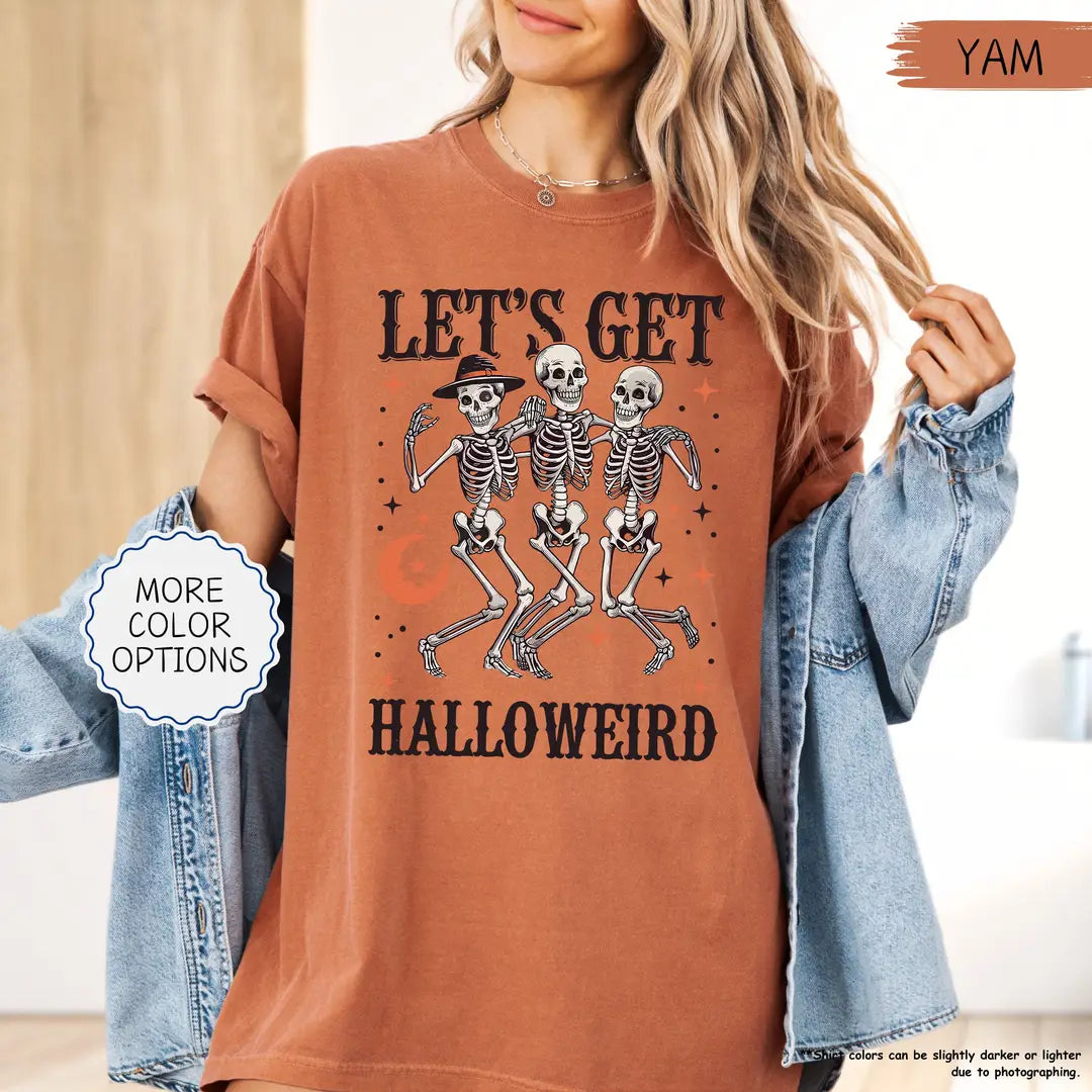 Comfort Colors 1717 T-shirt with Let's Get Halloweird Dancing Skeletons design alternate view