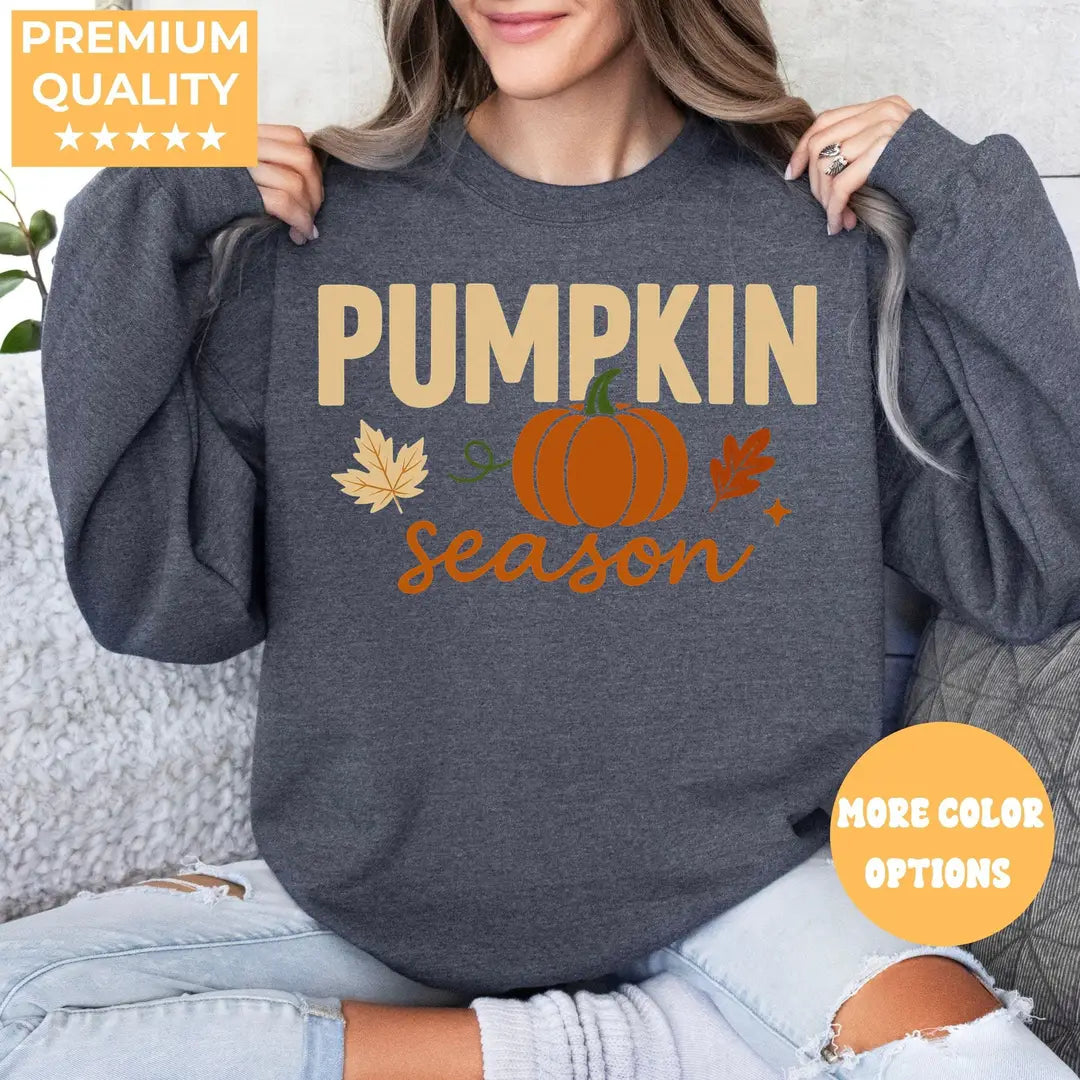 Crewneck sweatshirt with Pumpkin Season design, alternate product view.