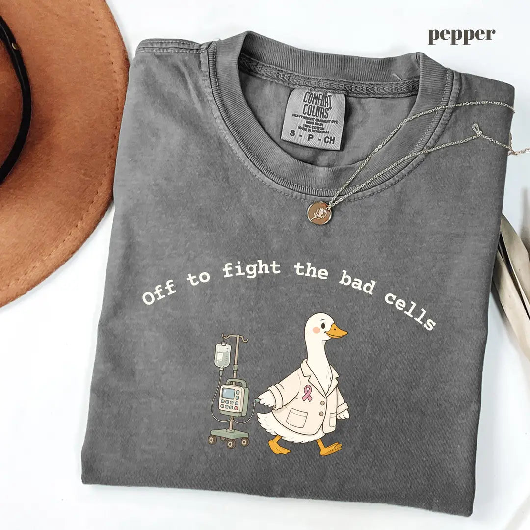 Pepper Comfort Colors 1717 T-shirt with Off to Fight the Bad Cells design worn by a model