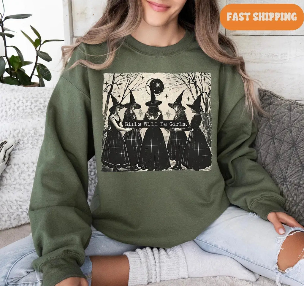 Black Crewneck sweatshirt with printed Vintage Girls Will Be Girls Witch design shown on a model.