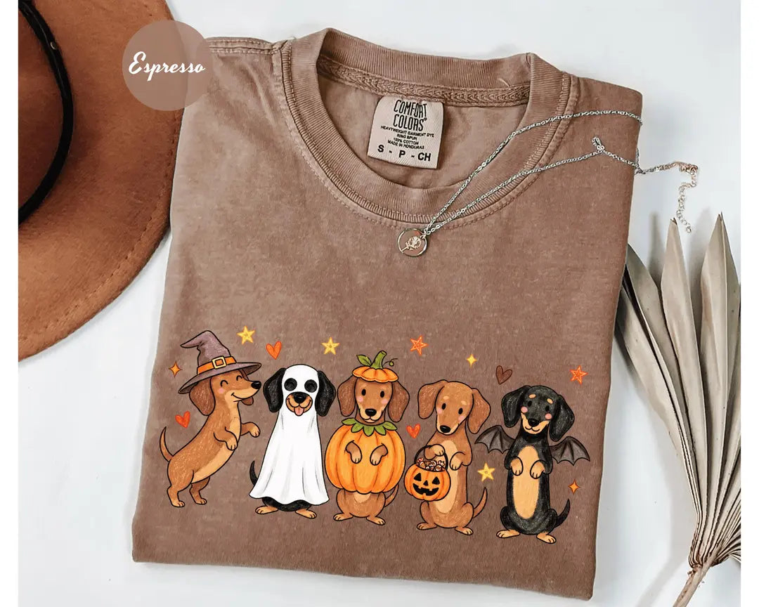 Espresso Comfort Colors 1717 T-shirt with Halloween Dachshund design