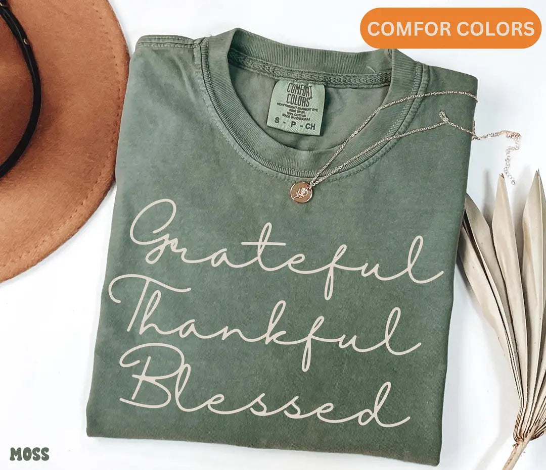 Moss Crewneck sweatshirt with printed Thankful ® design, alternate product view.