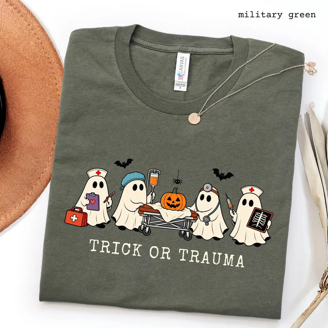 Military Green Bella Canvas 3001 T-shirt with Halloween Nurse design