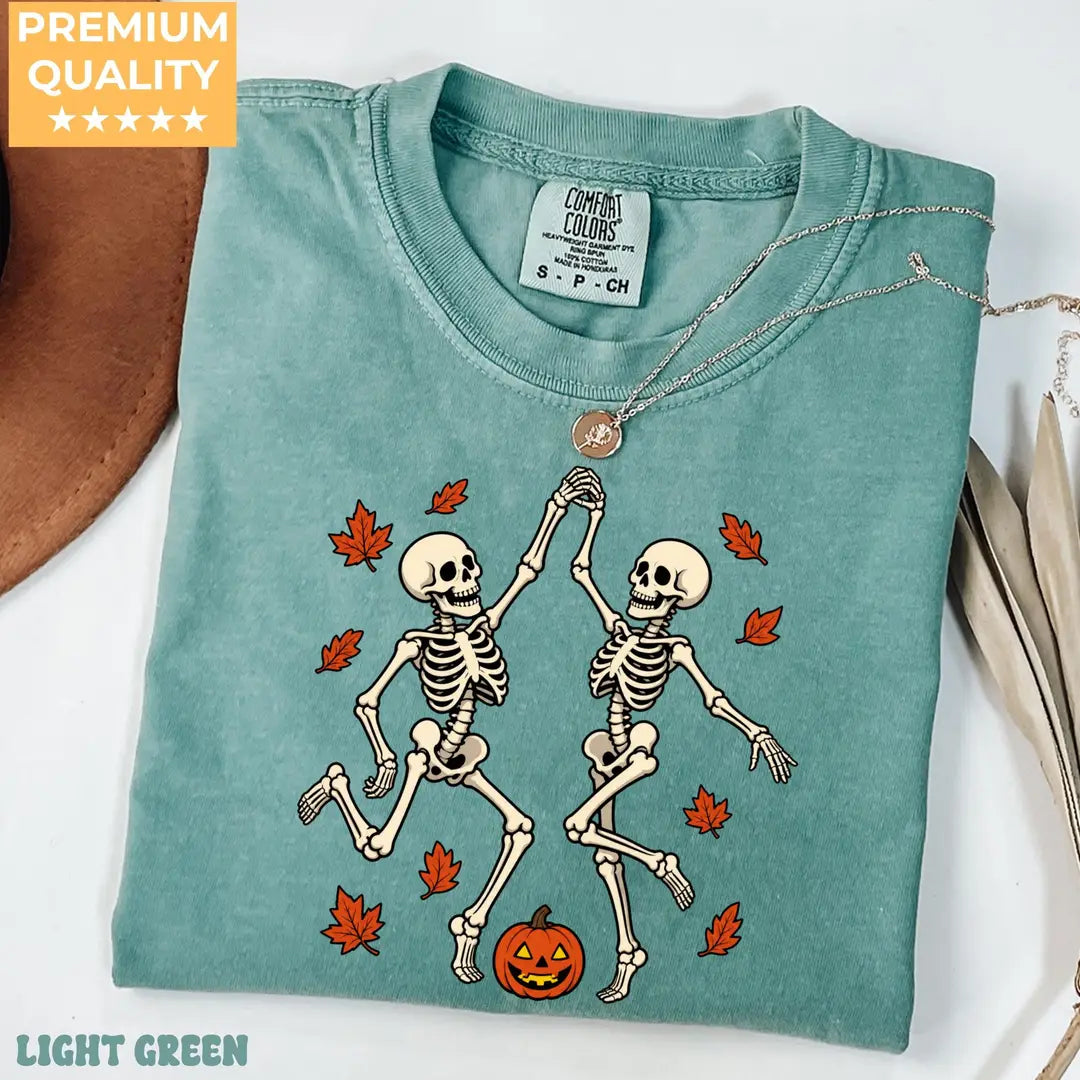 Dancing Skeleton Couple Comfort Colors T-Shirt alternate product view in Light Green.
