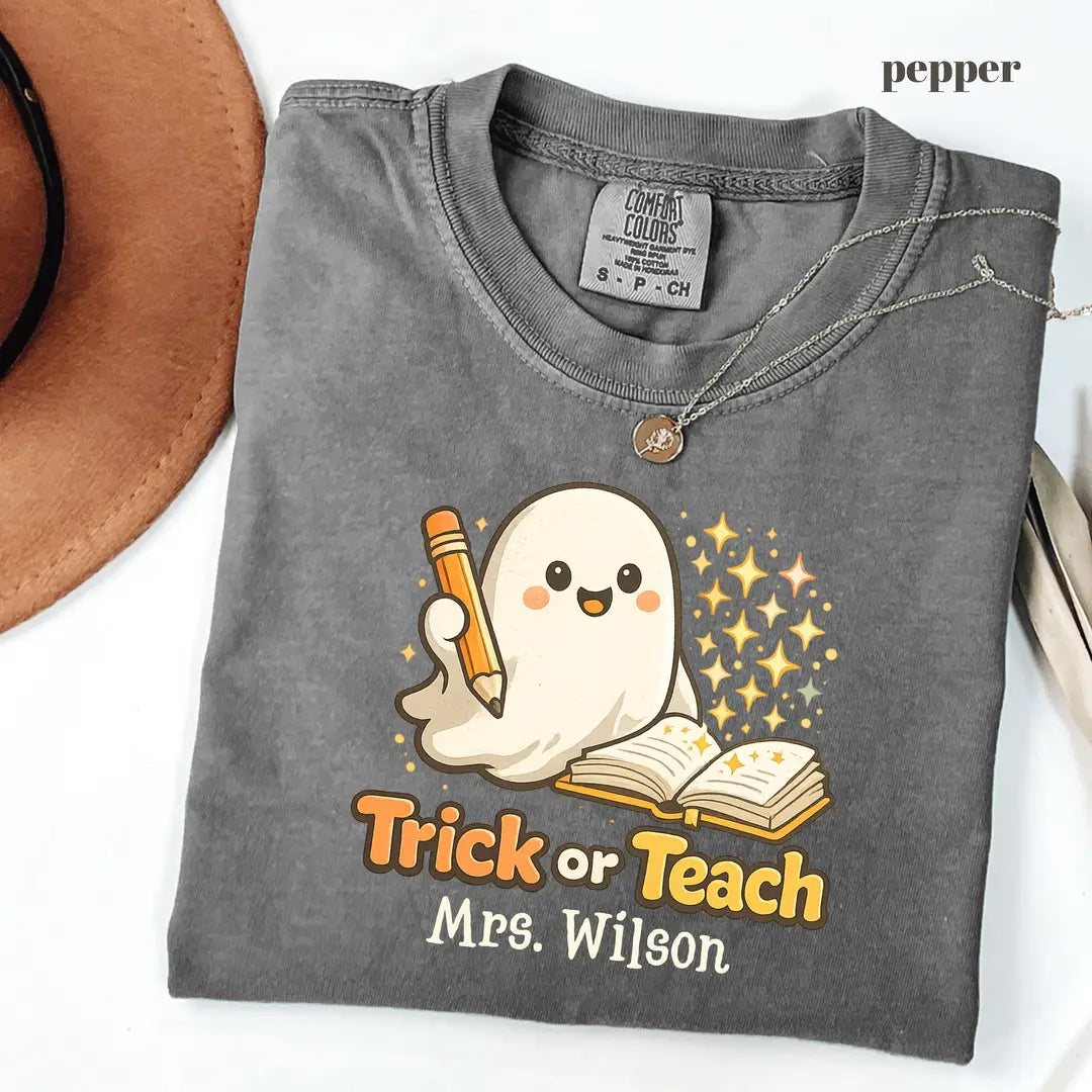 Pepper Comfort Colors 1717 T-shirt with Halloween Teacher design view 3