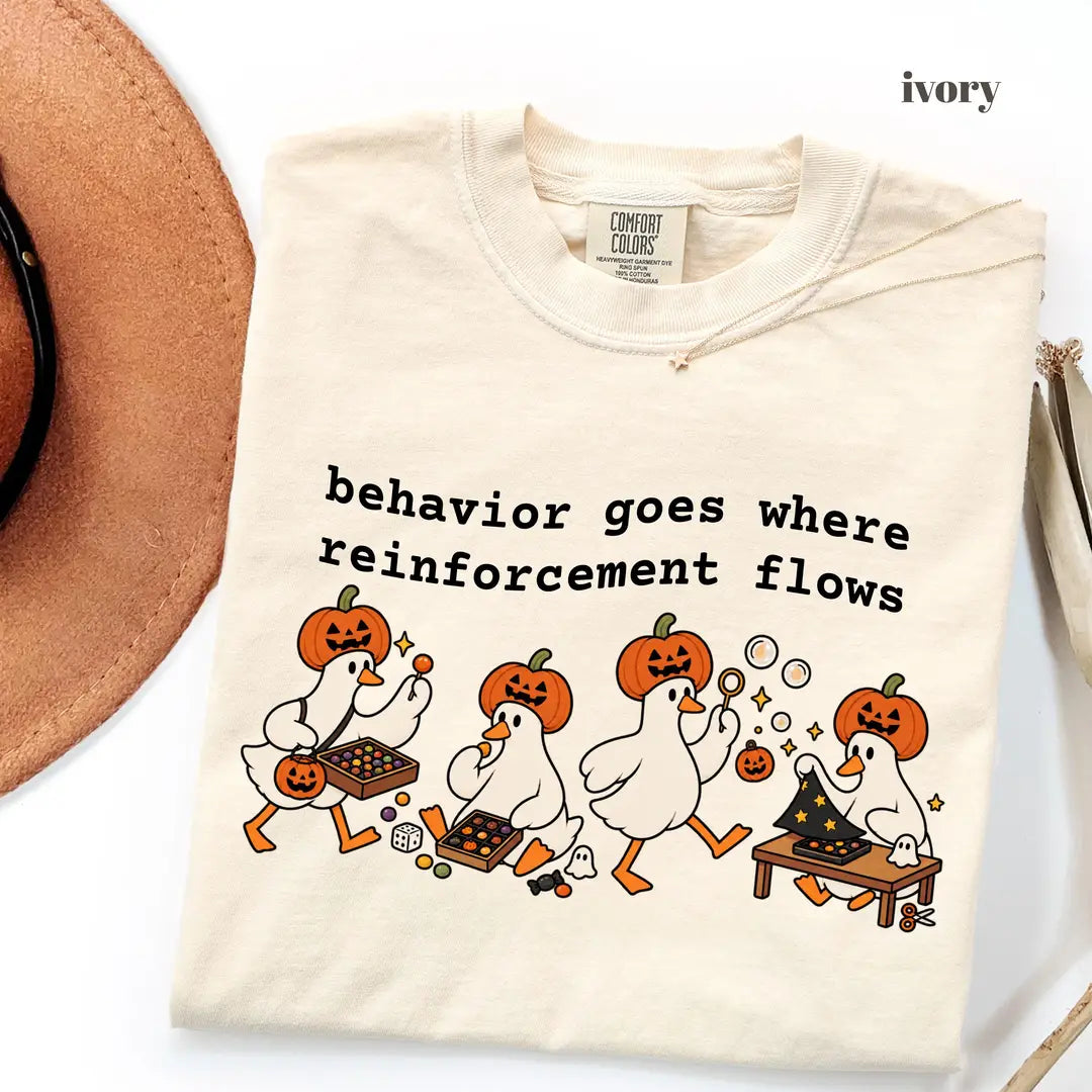 Ivory Comfort Colors 1717 T-shirt with Behavior Goes Where Reinforcement Flows design worn by a model view 2