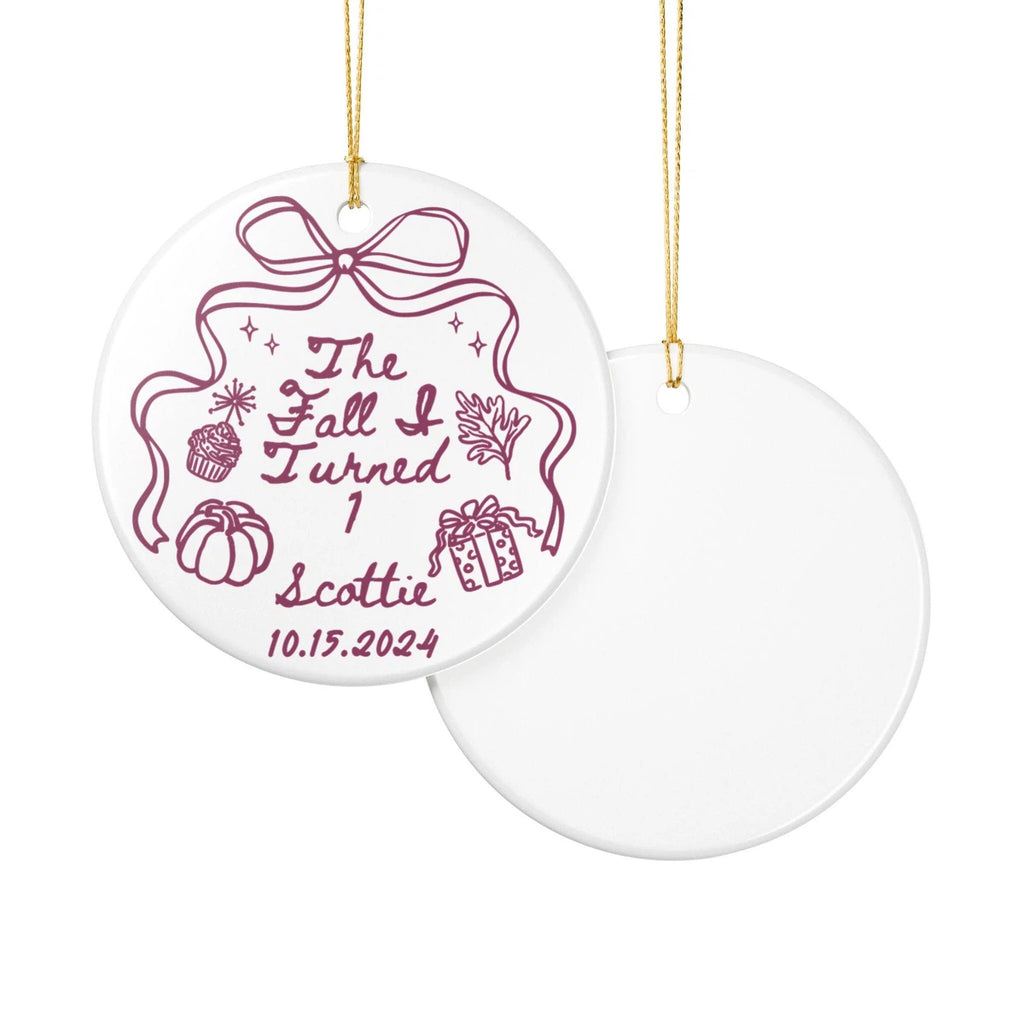 Front and back views of a Fall I Turned 1 personalized ceramic ornament.